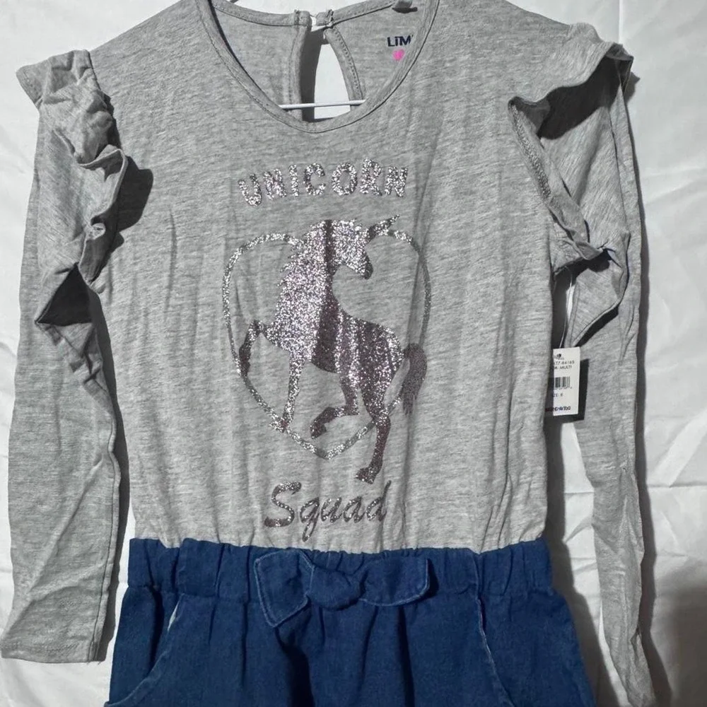 NWT! One piece with gray top, jean bottoms. Size 8.